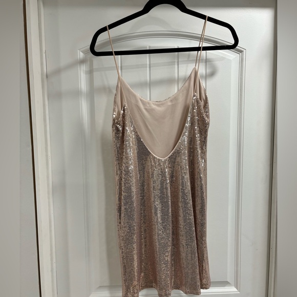 Zara Champagne Pink Metallic Scoop Back Dress Size Small - Picture 2 of 3
